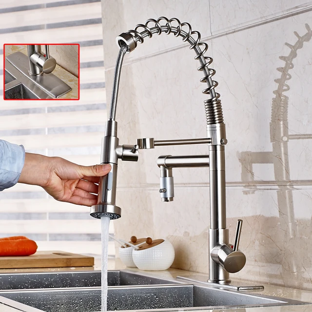 Best Price Spring Pull Down Dual Spouts Nickel Brushed Kitchen Faucet Mixer Tap+Cover Plate