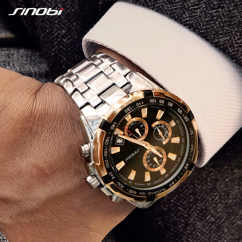 

Sinobi 9720 Men's Business New Gold Chronograph Watch Waterproof Stainless Steel Top Band Quartz Sports Watch Relogio Masculino