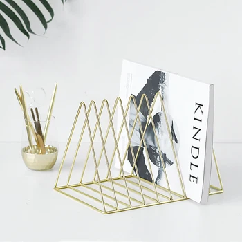 DUNXDECO Home Office Iron Storage Book Magzine Holder Table Multifunction Organizer Modern Artistic Geometric Decoration