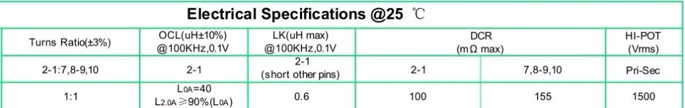 EP13 SMD 1to1 flyback power transformer 13W 36-57V to 5V 1.25A 200KHZ 40UH 5
