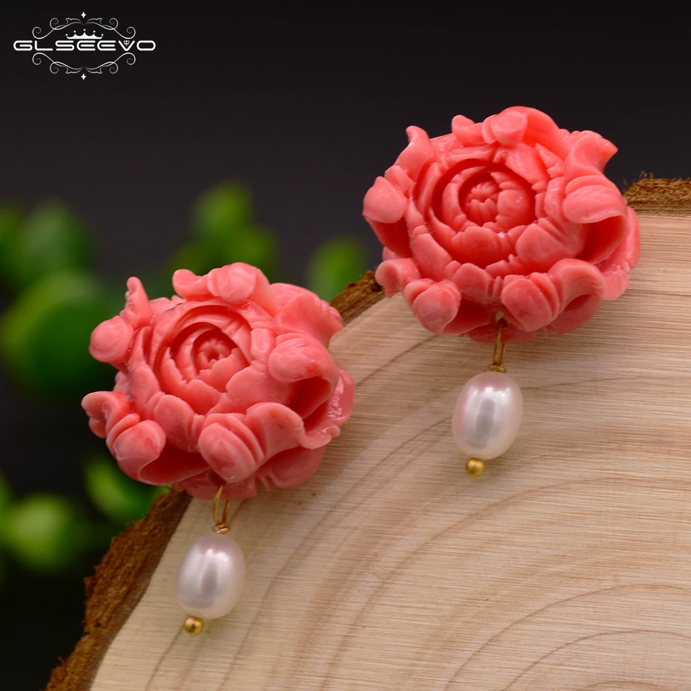 Kopen GLSEEVO Natuurlijke Zoet Water Witte Parel Stud Oorbellen Voor Vrouwen Koraal Poeder Oorbellen Luxe Fijne Sieraden Aretes De Mujer GE0412