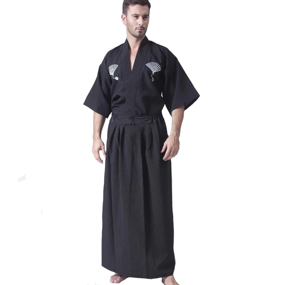 Black Classic Japanese Samurai Clothing Men's Warrior Kimono With Obi Traditional Yukata Haori Halloween Costume One Size B-067