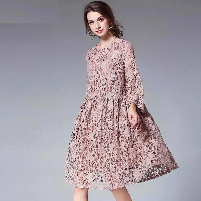 

LANMREM 2019 Autumn New Pattern O-neck Full Sleeve Knee-length Solid Color Spliced Ladies Fashion Lace Dress RA00311L