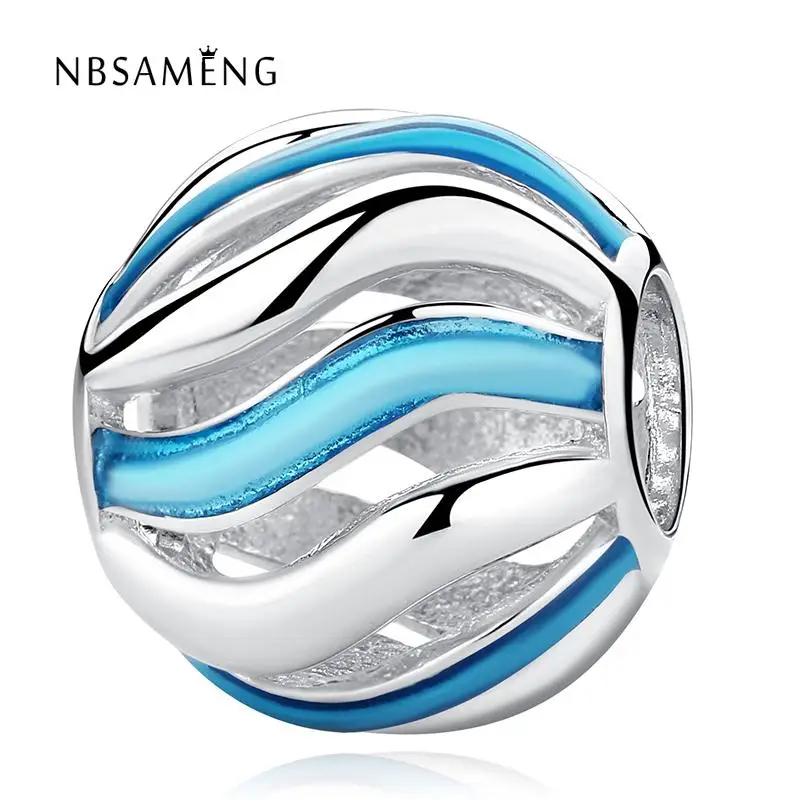 

New 925 Sterling Silver Beads Charm Blue Glaze Round Hollow Beads Fit Pandora Bracelets & Bangles For Women DIY Gift Jewelry