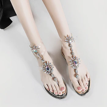 

Bling Bling T-strap Woman Sandals Rhinestones Chains Summer Sandals T-strap Comfortable Platform Crystal Sandals Sandalias Mujer