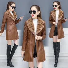 Женские зимние куртки из искусственной кожи, новые модные женские кожаные куртки Плюс вельветовые толстые пальто с тонким меховым воротником из искусственной кожи