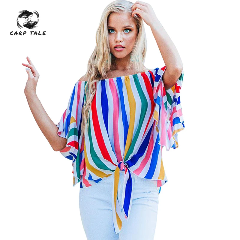 

New European and American women's summer shirt tube top collar shirt refreshing five-point trumpet sleeve striped shirt