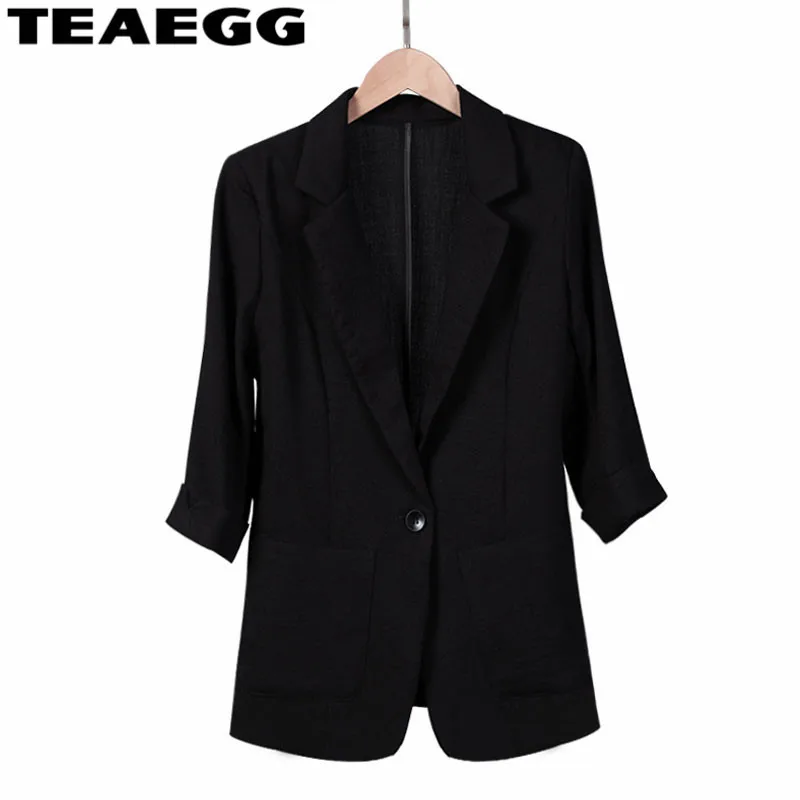 TEAEGG Linen Black Spring Summer Blazer Woman Slim Short Suit Jacket