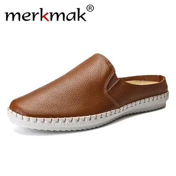 

Merkmak Men Slipper 2019 New Mens Leather High Quality Breathable Summer Flats Shoes Fashion Soild Outdoor Slip on Shoes
