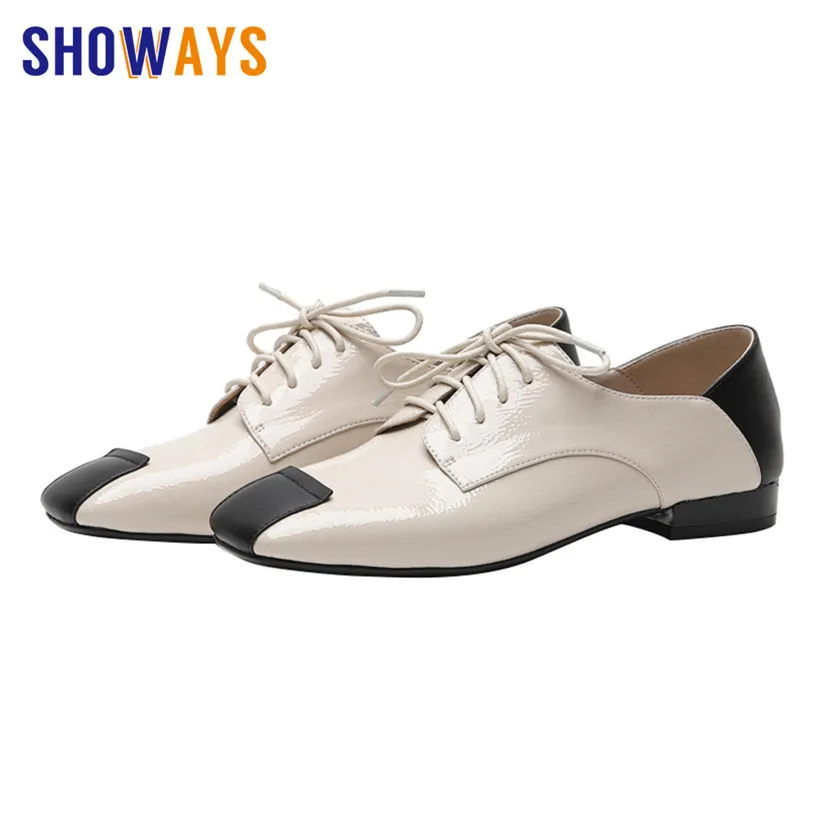 

2019 Vintage Women Derbies Black Microfiber Patchwork Square Toe Flats Casual Office Ladies Oxford British Lace Up Dress Brogues