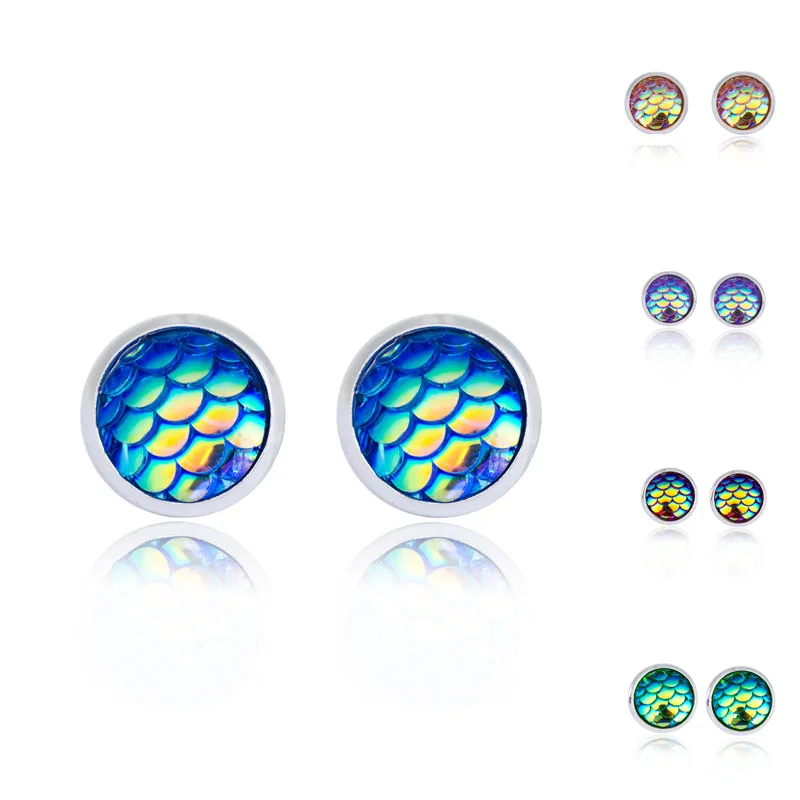 Silver Plated Druzy Mermaid Shaped Fish Scale Shaped Stud Earring For