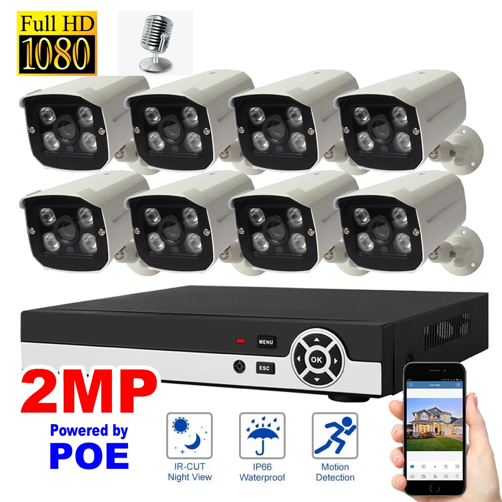 

Voice function+Waterproof+Night vision 8CH POE Security System 1080P with Audio P2P Cloud IP Camera Surveillance System NVR Kit