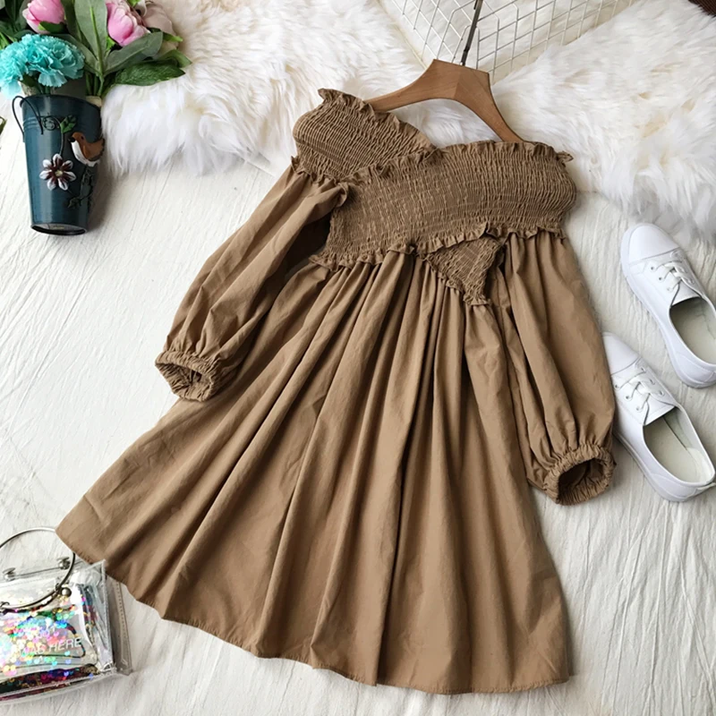 Cena 2019 lato koreański nowy kobiety słodki off ramię sukienka z dekoltem w serek jednolity kolor jeden rozmiar wysokiej talii Slim Puff latarnia rękaw sukienki