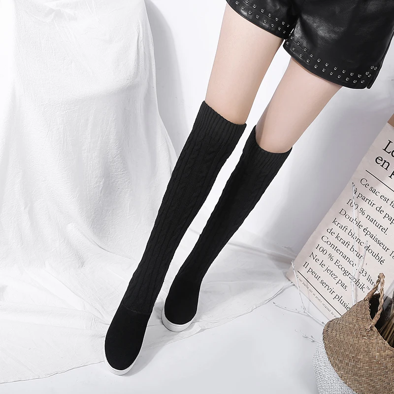 WETKISS/зимние эластичные женские ботинки с острым носком; вязаная обувь на плоской подошве; Женские Сапоги выше колена; женская обувь на платформе, увеличивающая рост