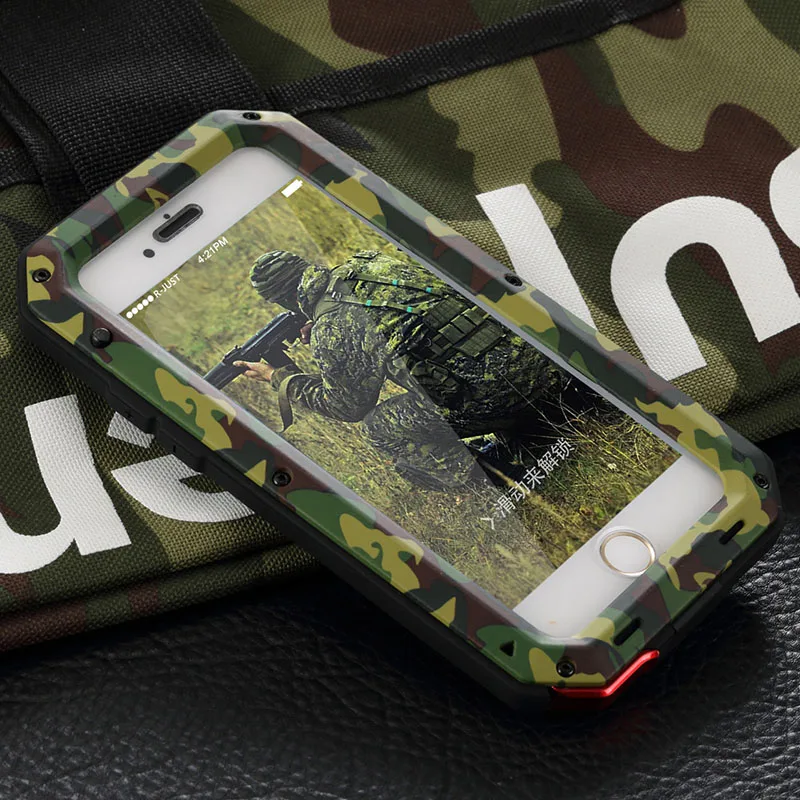 Metal Extreme Shockproof Army Camo Camouflage Military Heavy Duty Tempered Glass Cover Case for iPhone 4