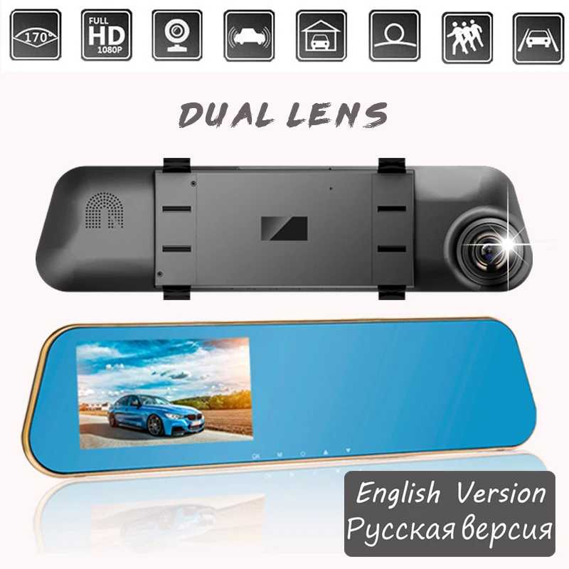 

LESA 4.3" Car DVR Camera Dual Lens Russian Support FHD 1080P Video Registrator Recorder Car Dash Cam Auto Rearview Mirror