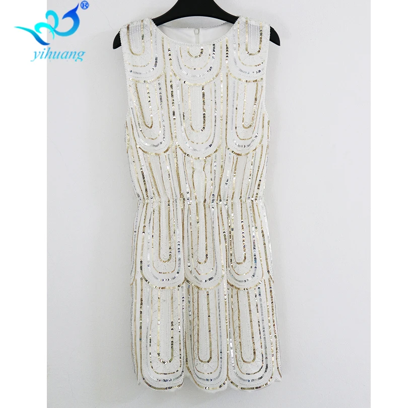 Винтажное 1920s платье с оборками в стиле Грейт Гэтсби, расшитое блестками, с бисером, с бахромой, вечерние платья миди, летние женские платья
