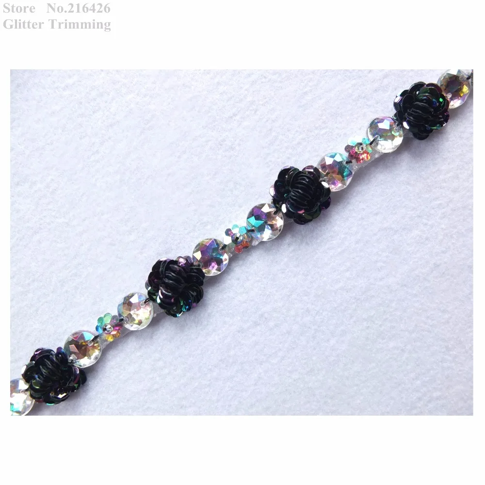 Free Shipping 1Yard X New Handmade Black/Crystal AB Sequin Beaded Flower Lace Applique Trim Patch Dance Costume Decorating BT75B | Дом и сад