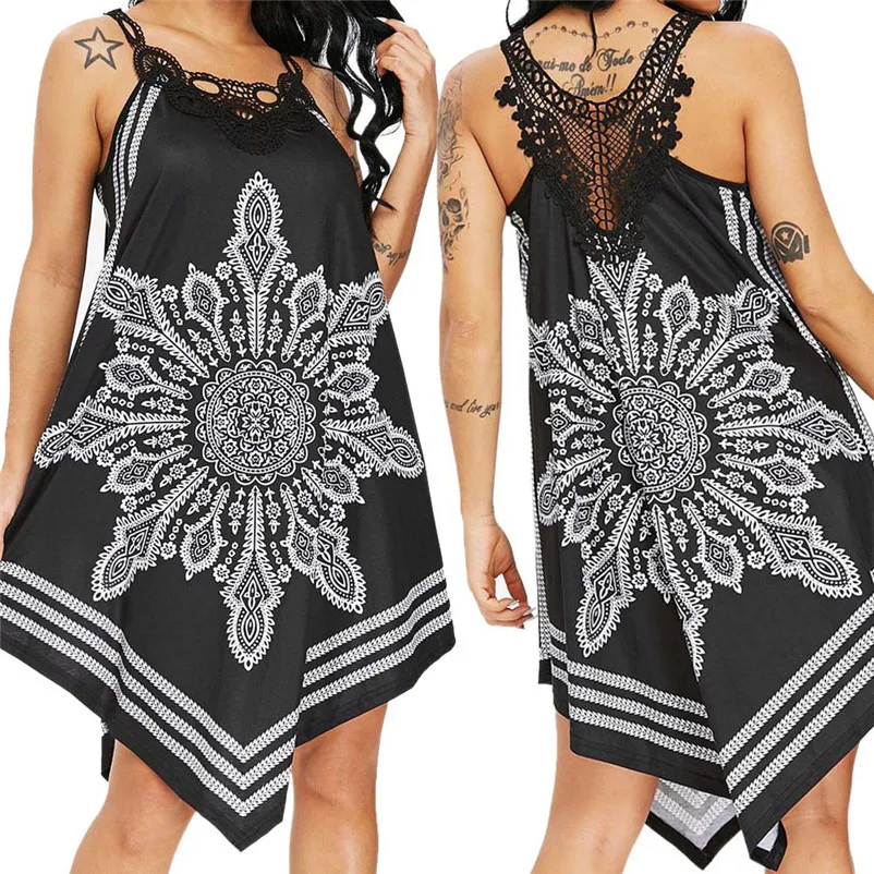 HOT Sell dress summer 2018 Women Ladies Lace Splice Printing Sleeveless Mini Dress Summer Beach Dress vestidos robe J18#N (4)