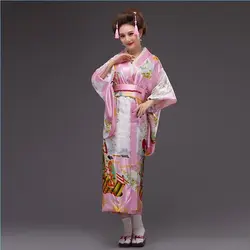Горячее предложение розовый японский Для женщин шелк кимоно юката с Оби Винтаж вечерние платье для выпускного вечера Косплэй и Хеллоуин