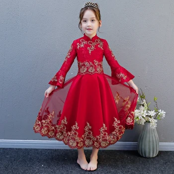 

2018 New Luxury Embroidery Lace Children Girls Wedding Formal Birthday Party Long Princess Dress Baby Kids Flare Sleeves Dress