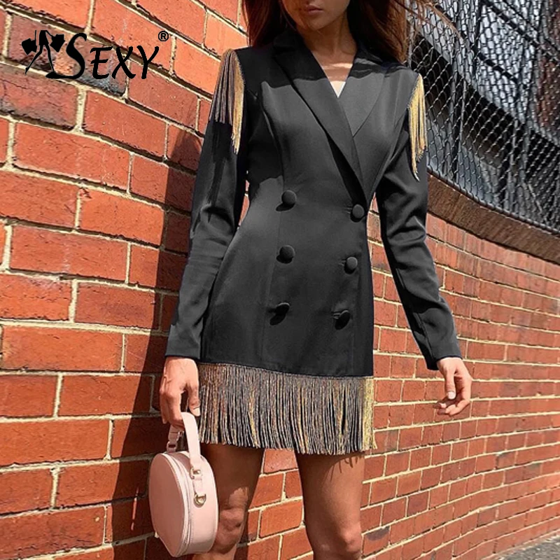 

Gosexy 2019 New Women Sheath Black Office Lady Long Sleeve Tassel Dress Mini Working Notched Dress Blazer Fashion Dress