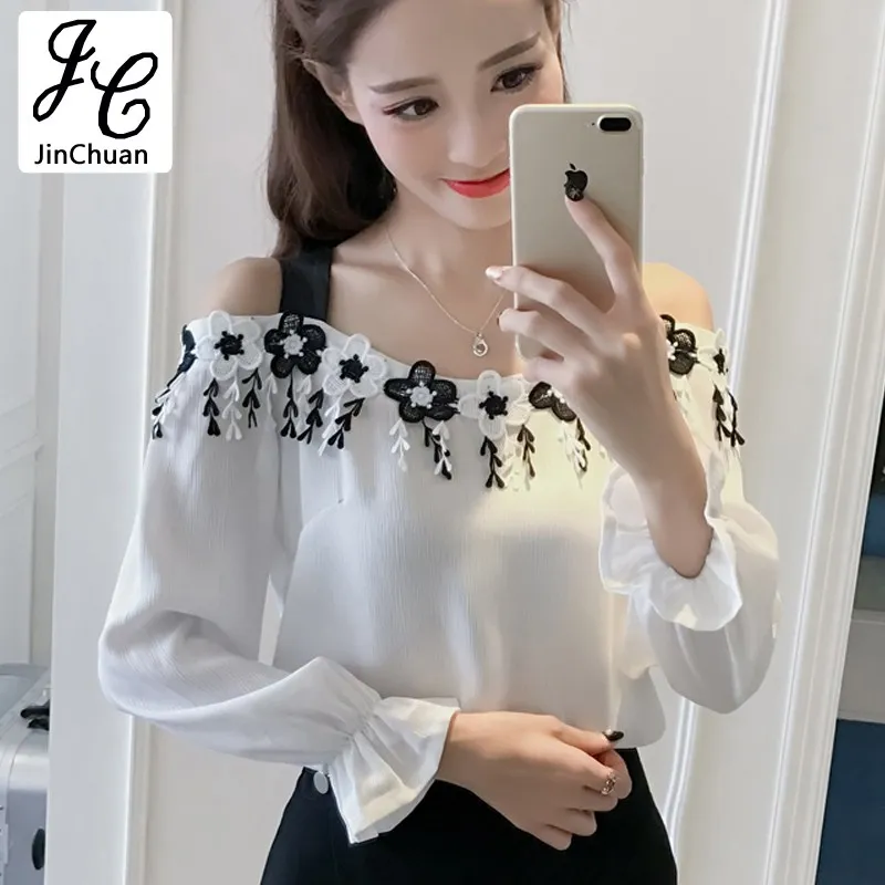 Осень blusas femininas Мода 2017 г. цветы лоскутное Рубашки женский Повседневное с плеча
