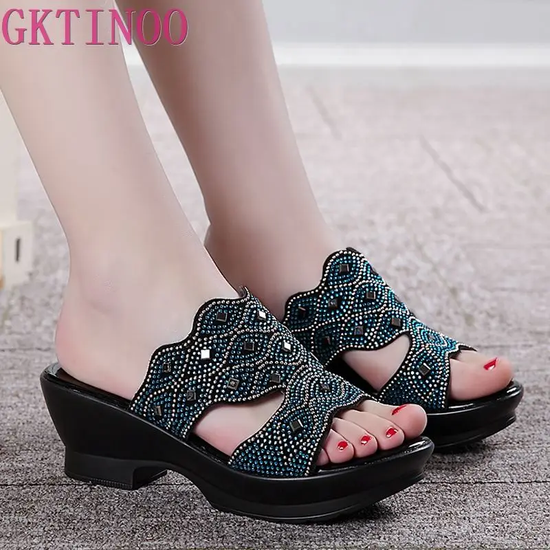 

Women Sandals 2019 fashion rhinestone women sandals Square heel slip-on slippers summer shoes woman high heel sandals T005