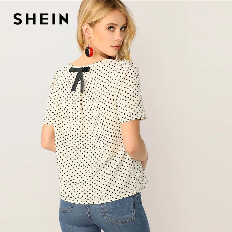 SHEIN белая блузка с бантом и принтом сердца, женские топы, летние повседневные женские топы и блузки с круглым вырезом, женские блузки