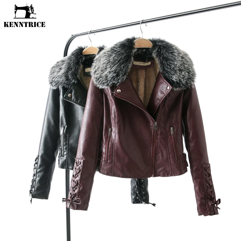 

KENNTRICE Black Leather Jacket Women Gothic Pu Leather Coat Streetwear Fur Collar Winter Jacket Motorcycle Female Coat