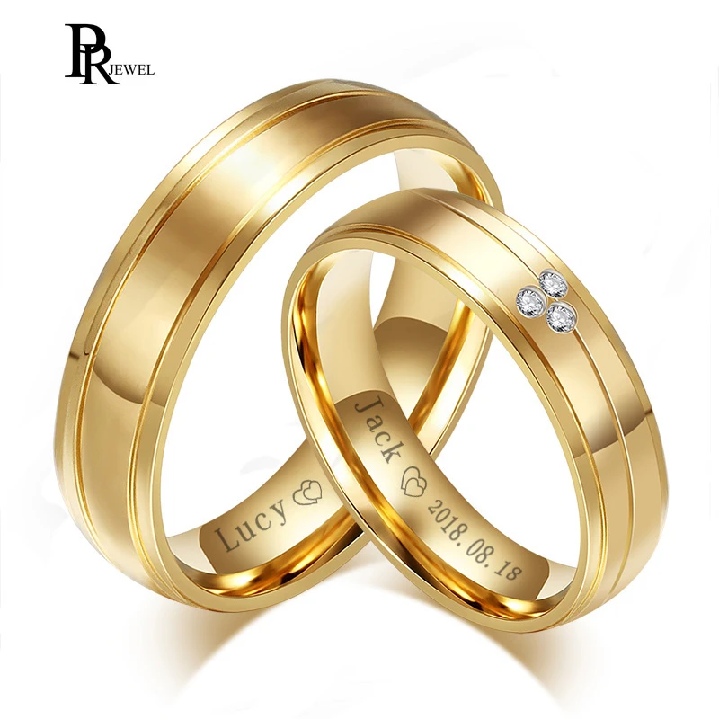 Anillos de boda en tono dorado para hombres y mujeres, anillos con grabado gratis, nombre, fecha, amor, Alianza acero inoxidable, promesa, para citas|Personalizado - AliExpress