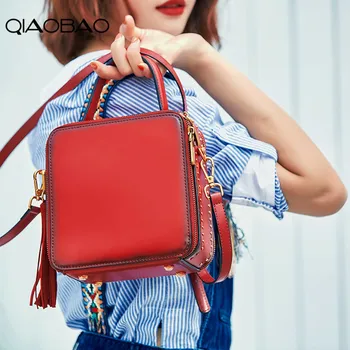 

QIAOBAO 2020 New Tassel Messenger Handbag Genuine Leather bags Rivet Shoulder Tassel Bag Fashion Cowhide Flap Bag