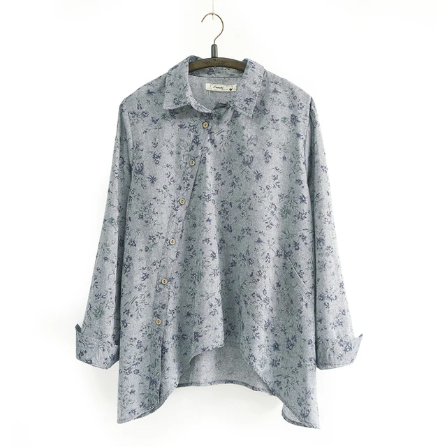 Johnature 2019 Autumn New Women Shirt Cotton Linen Button White Blue Floral Turn-down Collar Irregular Loose Blouse