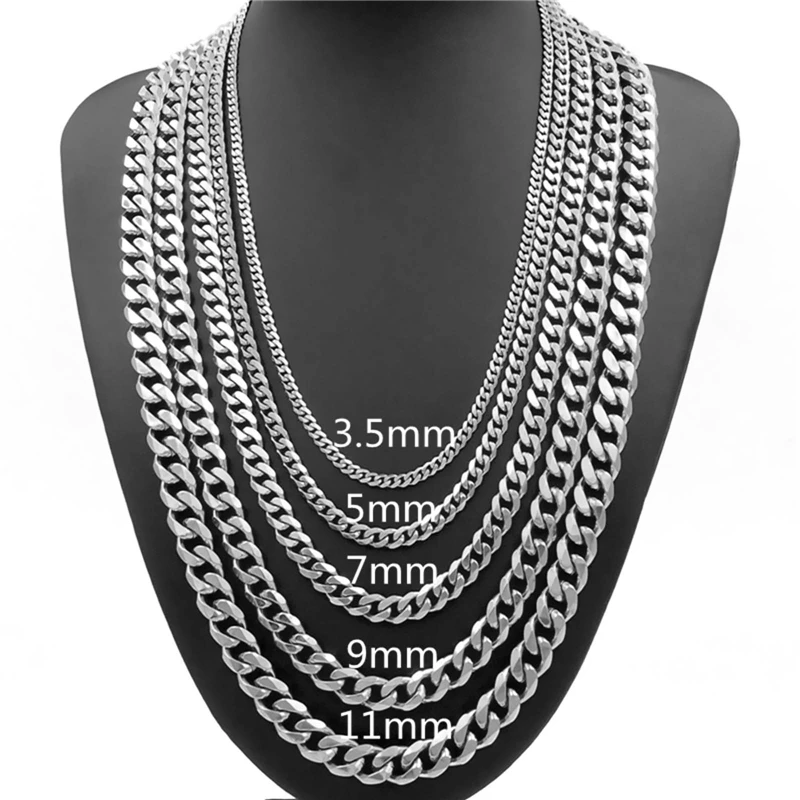 3.5/5/7/9/11mm Mens Necklace Curb Cuban Link Silver Tone Stainless