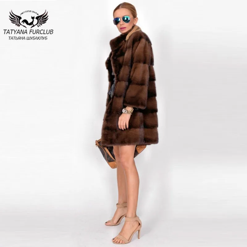 Женская шуба из натурального меха норки Tatyana Furclub длинная кофейного цвета с