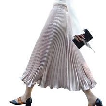 Женская гофрирующая юбка, винтажная, с эластичной резинкой на талии, металлический цвет, до середины икры, женская, модная, дизайнерская плиссированная юбка