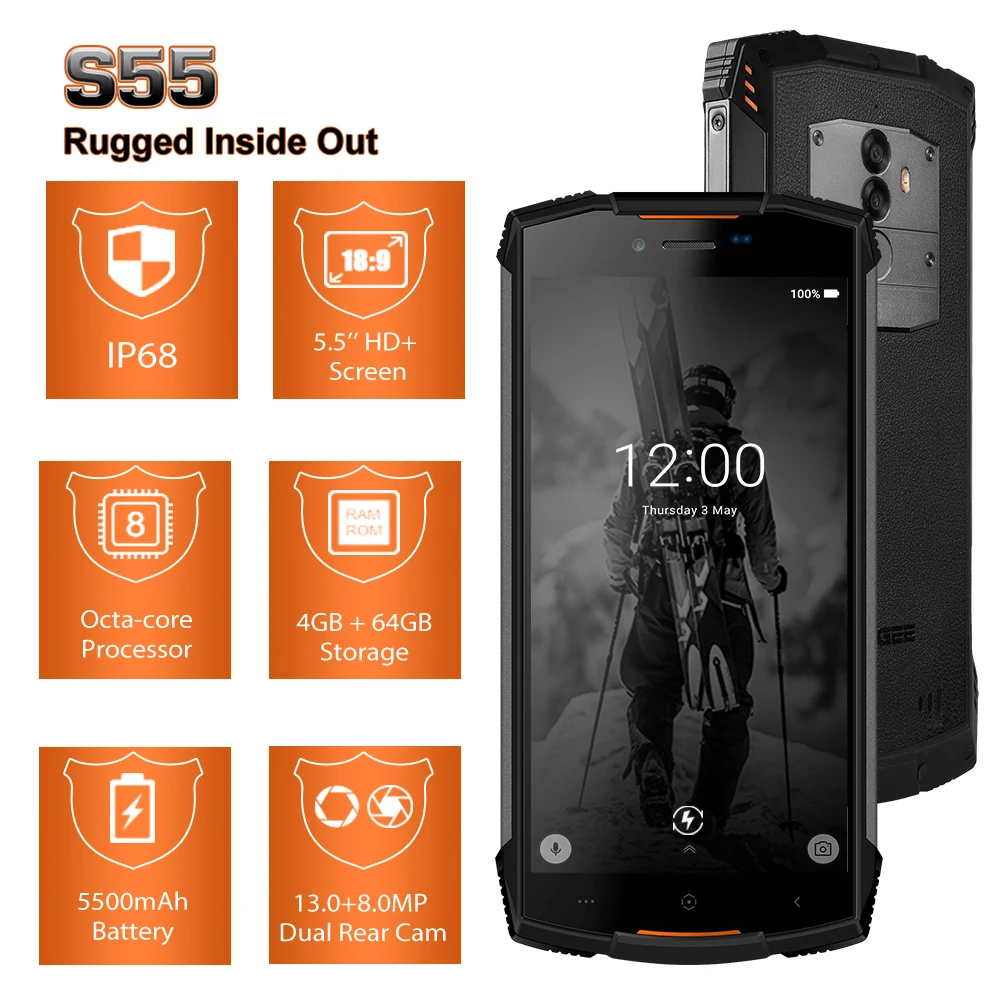 Настоящий водонепроницаемый смартфон DOOGEE S55 IP68, 4 Гб ОЗУ, 64 Гб ПЗУ, 5500 мАч, Восьмиядерный процессор MTK6750T, 5,5 дюймов, Android 8,0, две sim-карты, МП, 4 глте