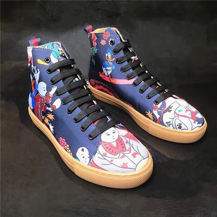

New Men's High Top Flat Casual Cartoon Shoes Lace Up Round Toe 3D Printing Satin Leather Bigger Size Shoes B2