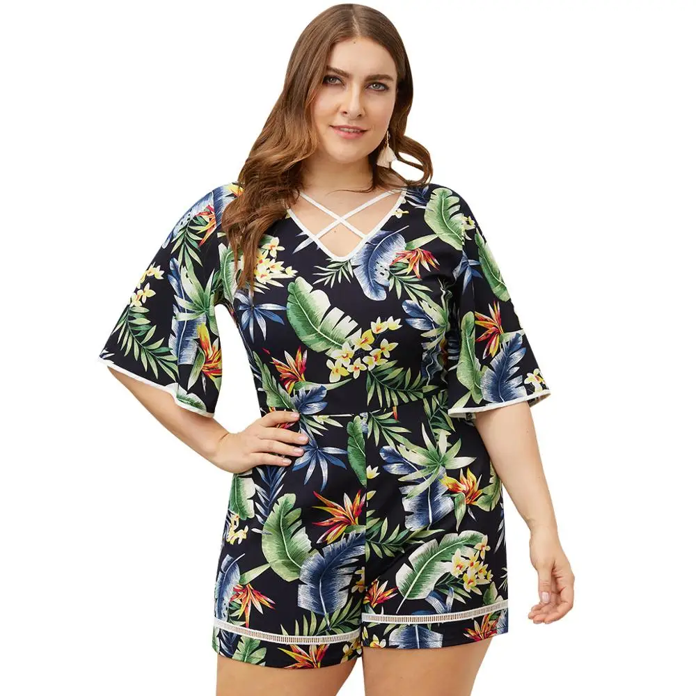 

WHZHM Plus Size 3XL Flower Printed Playsuits Women Beach Loose Pants Lace Patchwork V-Neck Floral Chiffon 4XL Jumpsuit Femme