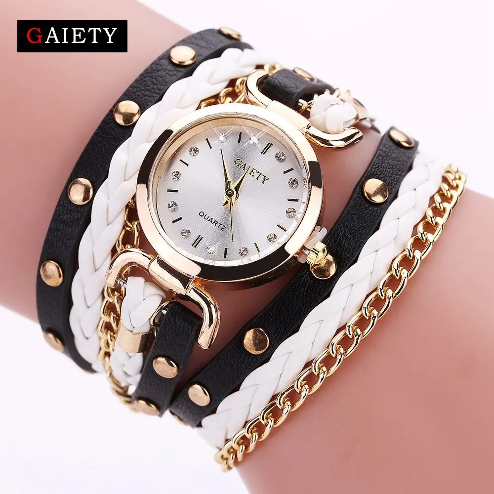 

Gaiety Women Watch Quartz Female Clock Leather Crystal Retro Rivet Luxury Gold Ladies Women's Bracelet Watches Dropshipping