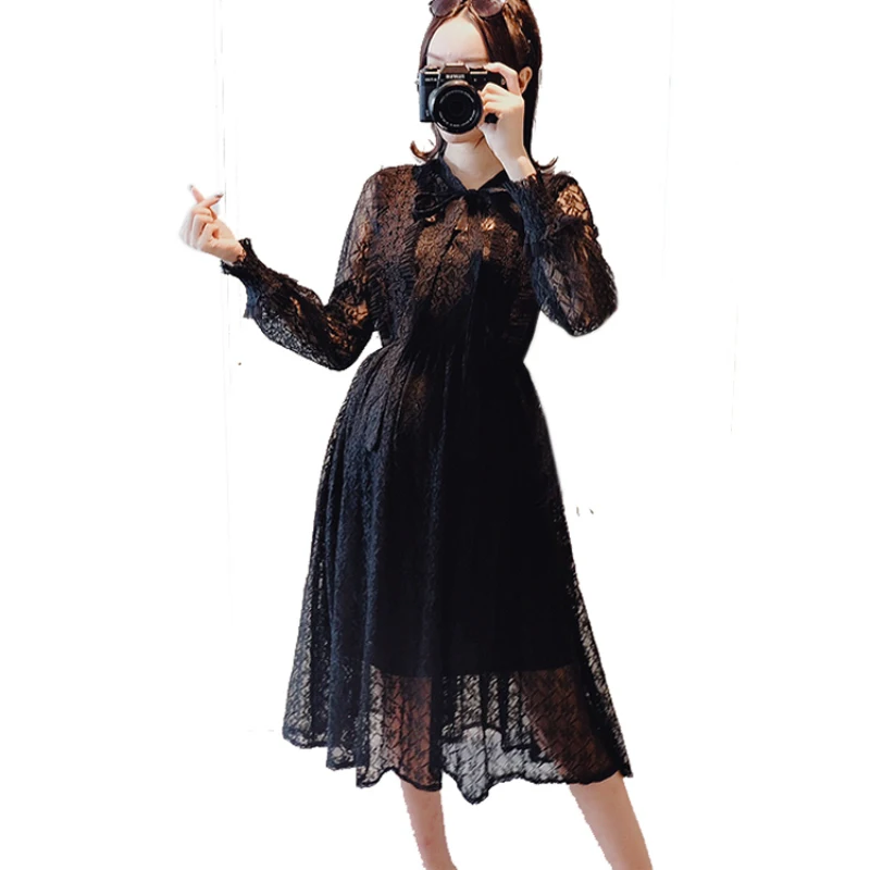 

Pregnancy Lace Dress Elegant Bowknot Collar Dresses for Pregnant Women Plus Size High Waist Maternity Party Cute Clothes Spring