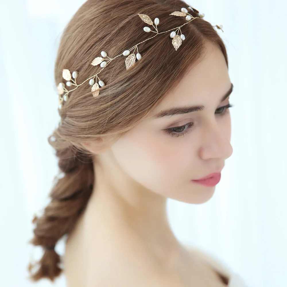 Simple Long Hair Vine Gold Leaf Bridal Headband Handmade Pearls Wedding Headpiece 2018 (4)