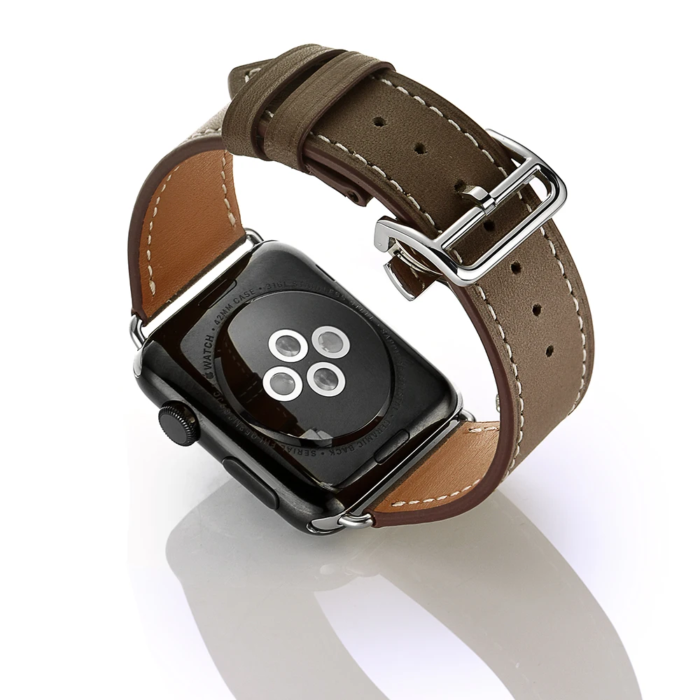 

Leather Bands For Apple Watch 42mm Series 3 2 1 Gray Blue High Quality Replacement Bracelet Silver Deployment Buckle For iWatch
