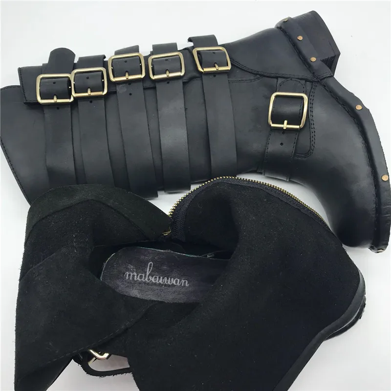 Cowboy marron Militaire Bretelles Moto Mabaiwan Noir Chaussures Vintage Boucle Main Cuir Rivets Mi En Femme mollet Véritable Bottes Femmes 6w6EUq