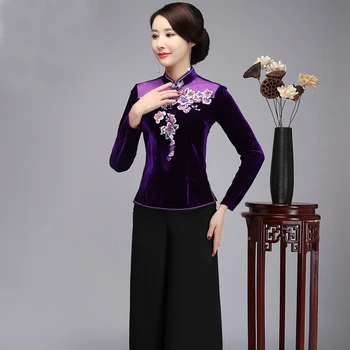 

2018 New Purple Mandarin Collar Women Shirt Slim Embroidery Flower Lady Blouse Vintage Velvet Button Tang Clothing S-XXXXL