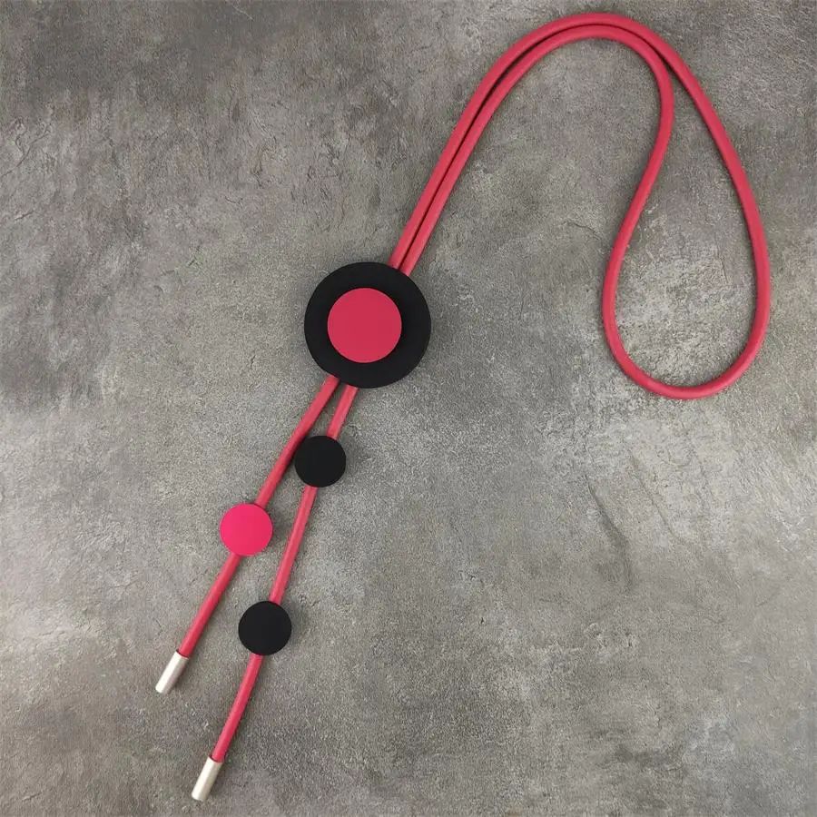 

New Long Red Rubber Rope Necklace Long Cord Big Round Metal Pendant Collar Chain Punk Jewelry Free shipping