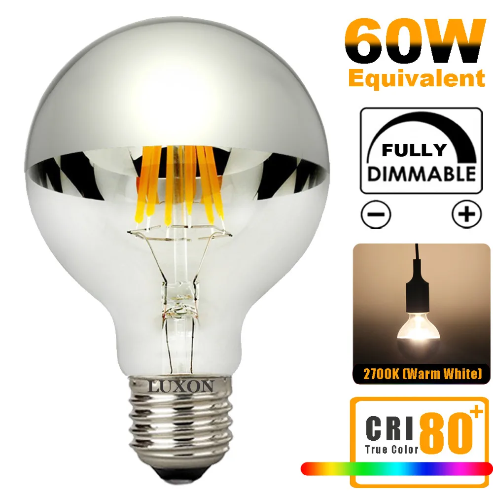 Luxon G80 6W E26 120V LED Bulb Mirror Half Chrome Globe Dimmable Round
