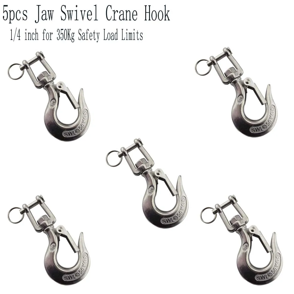 Stainless Marine Jaw Type Swivel Crane Hook with Safety Load Limit of 350Kg 5pcs 1/4 inch