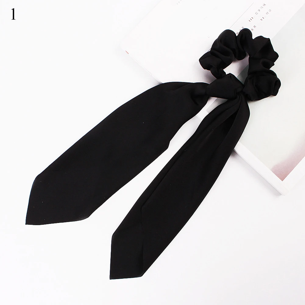 hair band for ladies DIY Solid/Floral Print Bow Satin Long Ribbon Ponytail Scarf Hair Tie Scrunchies Women Girls Elastic Hair Bands Hair Accessories black head scarf Hair Accessories