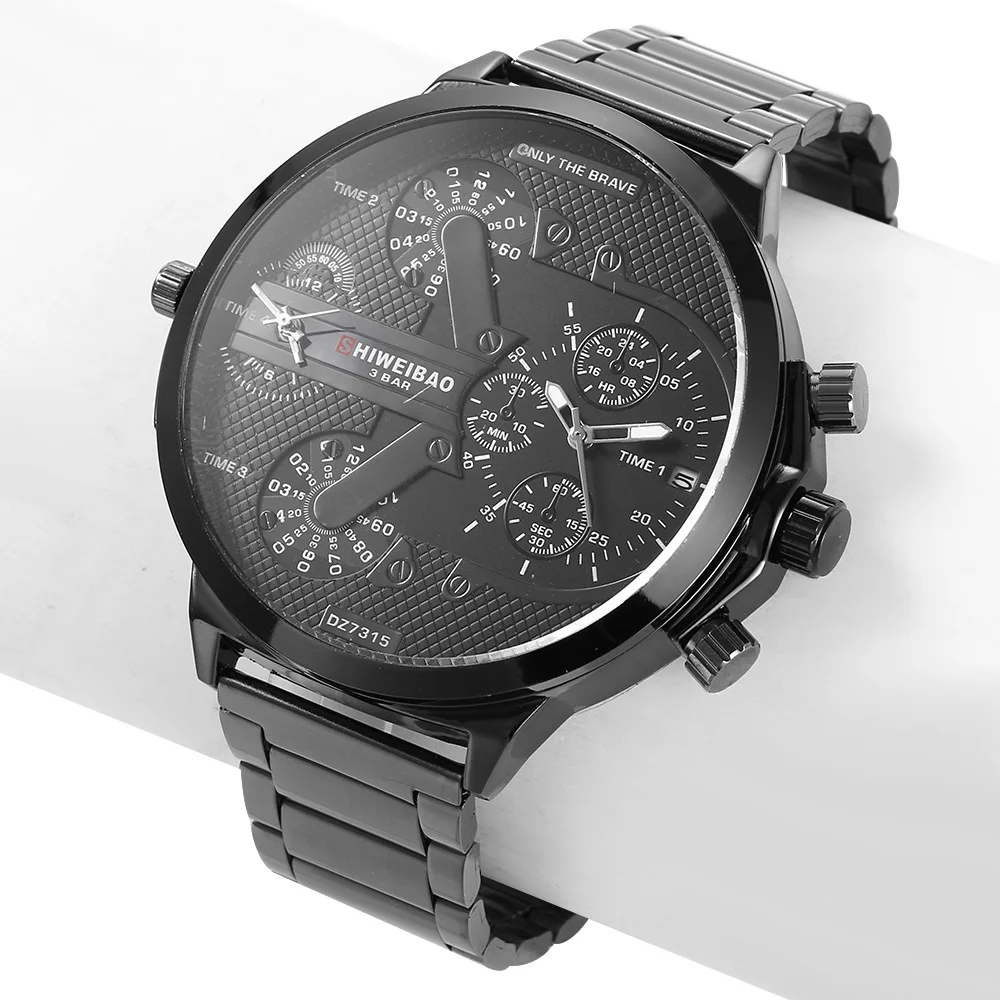 cool big case dz watch for men military wristwatches full black steel watchband dual time zones auto date drop shipping (10)